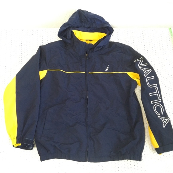 NAUTICA BOYS WINDBREAKER NYLON NAVY AND YELLOW JACKET-HIDE HOOD SIZE S/C (8)